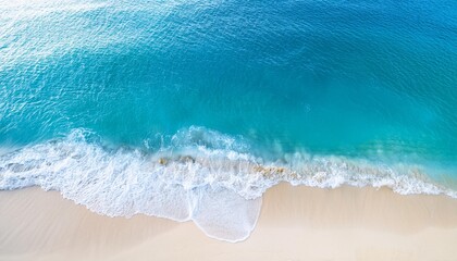 Beautiful tropical summer beach, top view of white sand and blue sea waves, nature background, vacation in paradise concept for tourism, vivid colorful.