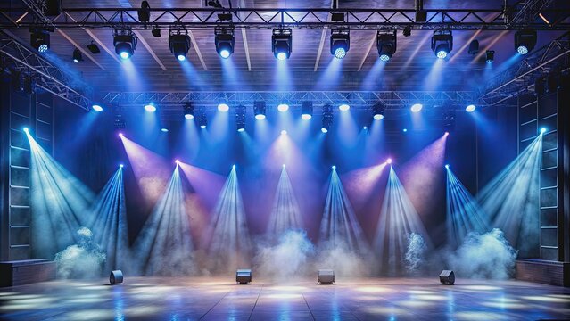 Empty concert stage with fog machine, light show, and backdrop for a hip-hop music concert, concert stage, fog machine