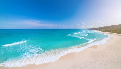 Obraz premium Beautiful tropical summer beach, top view of white sand and blue sea waves, nature background, vacation in paradise concept for tourism, vivid colorful.