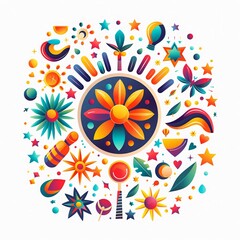 Fototapeta premium Colorful abstract art with flowers, stars, and geometric shapes in a circular design, perfect for vibrant backgrounds.