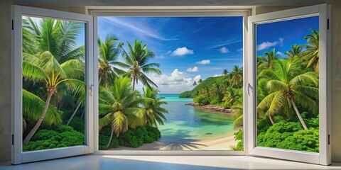 Tropical landscape viewed from an open window, tropical, window, view, landscape, palm trees, exotic, vacation