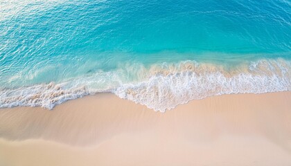 Beautiful tropical summer beach, top view of white sand and blue sea waves, nature background, vacation in paradise concept for tourism, vivid colorful.
