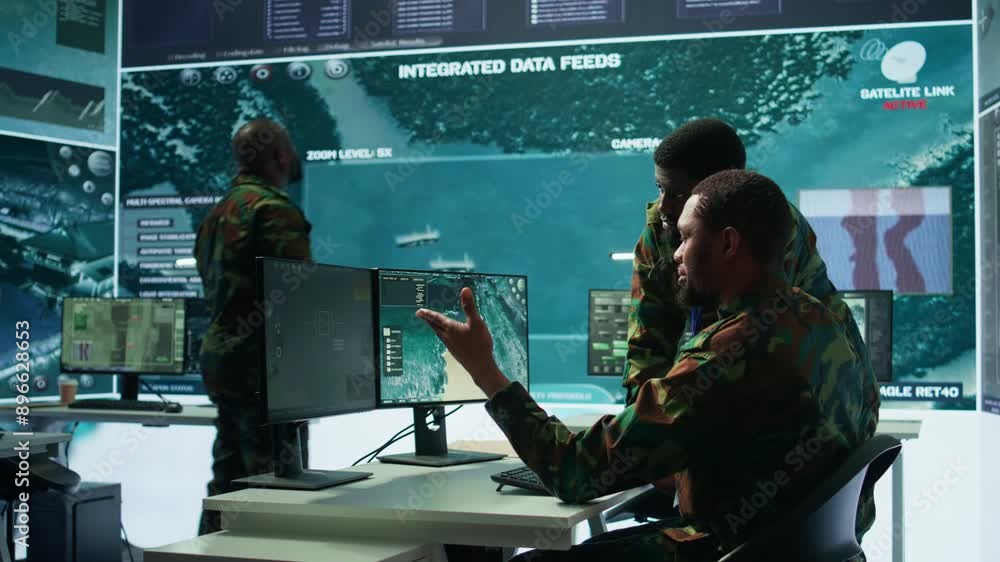 Poster it analyst managing satellite radar systems in modern control tower, overseeing intelligence activit