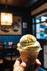 Tasty ice cream cones displayed in a cozy cafe setting, perfect for indulging in a delightful and creamy dessert

