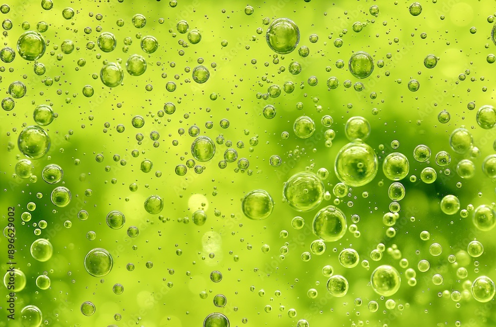 Poster an array of small, dense bubbles floating against a green background, creating a vibrant and lively 