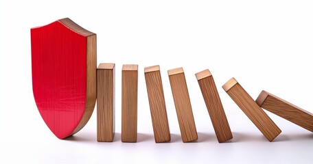 Wooden dominoes falling in sequence with a red shield blocking them on a white background.
