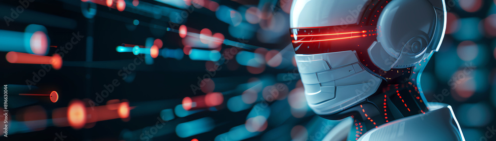 Poster futuristic robot with glowing red eyes and digital data background, representing advanced technology