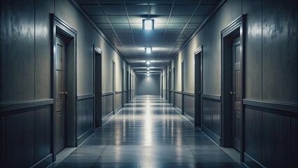 Eerie corridor with shadows and dim light , haunting, ominous, mysterious, dread, creepy, darkness, spooky, corridor