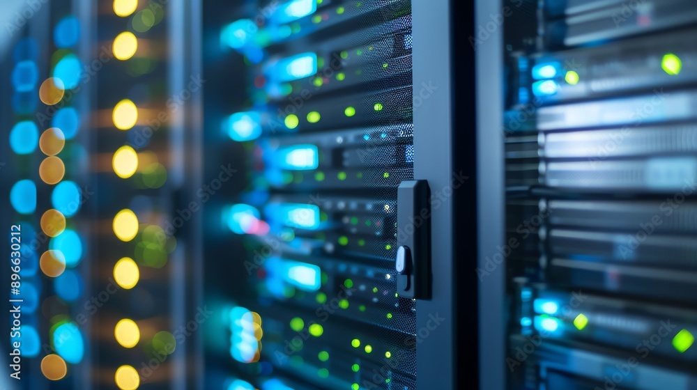 Poster close-up of illuminated server racks showcasing data storage technology in a modern data center envi