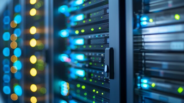 Close-up of illuminated server racks showcasing data storage technology in a modern data center environment.