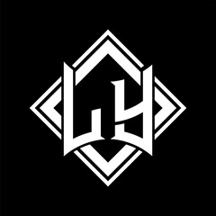 LY Letter logo abstract shield shape with square white outline on black background template