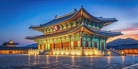Fototapeta premium Gyeongbokgung palace illuminated at night in Seoul, South Korea, Gyeongbokgung, palace, night, Seoul