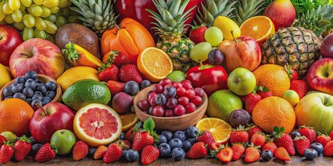 Assortment of various fresh fruits on a vibrant display , tropical, colorful, juicy, organic, market, healthy, diet, nutrition