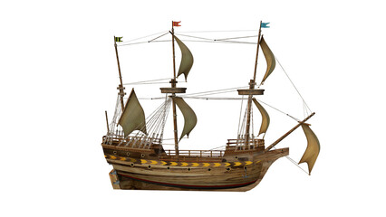 Old Wooden Ship, 3D rendered image, transparent background.