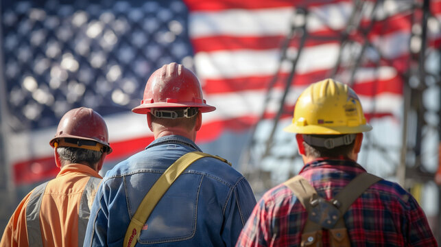Construction workers in hard hats standing with the American flag in background. Labor day concept