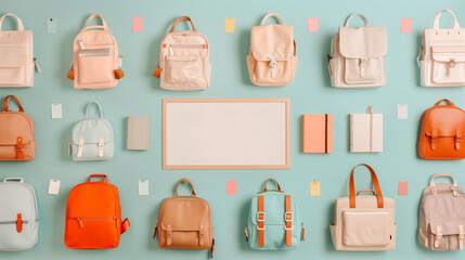 Back to school concept. Knolling board of open notebook, backpacks, map and whiteboard with school supplies