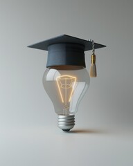 Light bulb with graduation hat on grey background. AI.