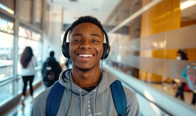 Portrait of a smiling young man wearing headphones. AI.