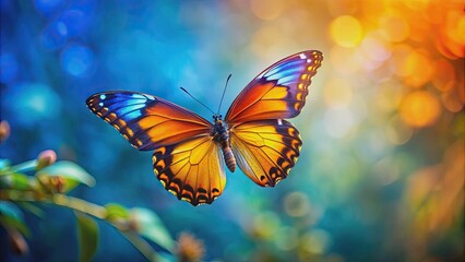 Beautiful butterfly in flight with blue, yellow, and orange colors, Butterfly, Flight, Beautiful, Blue, Yellow, Orange, Insect