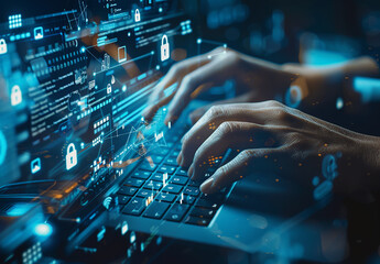 Hands Typing on Laptop with Futuristic Digital Interface and Cybersecurity Icons