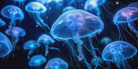 Bioluminescent jellyfish glowing in the dark depths of the ocean, jellyfish, bioluminescent, deep sea, underwater