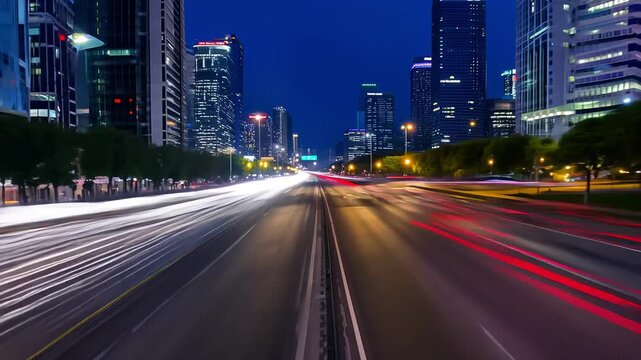 modern building. Light trails at night in urban environment, Abstract Motion Blur City, traffic, transportation, street, road, speed