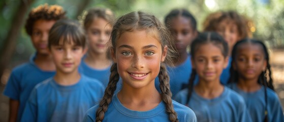 Obraz premium A group of children standing in a forest. AI.
