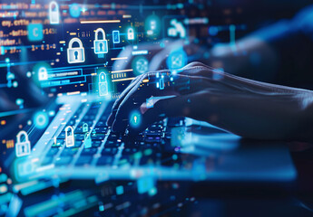 Hands Typing on Laptop with Futuristic Digital Interface and Cybersecurity Icons