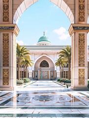 Beautiful mosque in Ramadan Kareem or Eid Al Fitr vibes. Islamic mosque architecture building