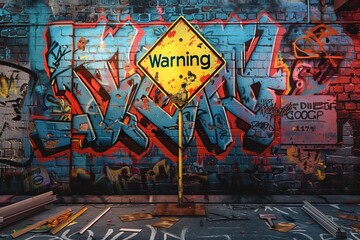 Fototapeta premium Abstract Warning Sign Painted Art Generative Illustration Urban Graffiti