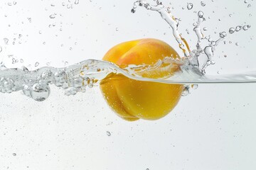 Yellow Peach falling into the water with a splash on a white background