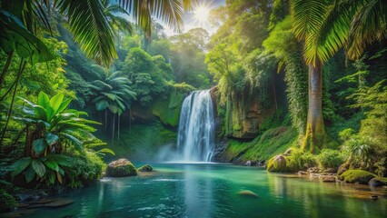 Verdant oasis featuring a waterfall serenade and lush jungle embrace , oasis, waterfall, serenade, jungle, lush, verdant