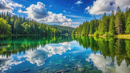 Crystal-clear lake reflecting summer sky and green forest , nature, serene, peaceful, tranquil, beauty, reflection, scenic, landscape