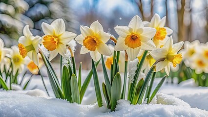 Naklejka premium Close-up of blooming snow-covered daffodils in the garden, winter, flowers, nature, cold, white, blossoms, spring, seasonal, frost