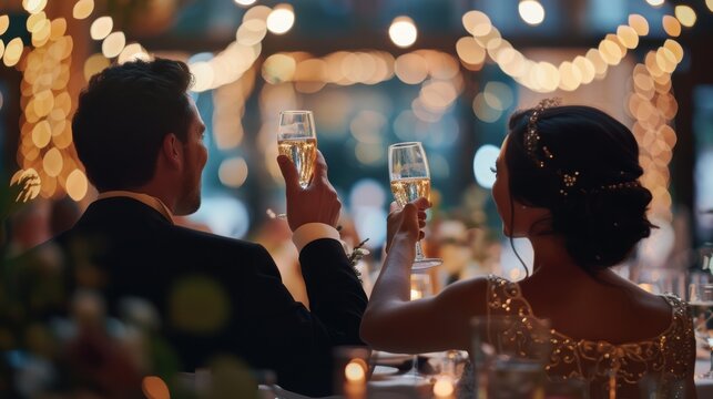Bride and groom toasting with champagne glasses at their wedding reception, celebrating their love with family and friends