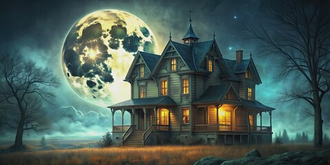 Spooky haunted house with glowing full moon in the background, Halloween, haunted, house, full moon, spooky, night, scary