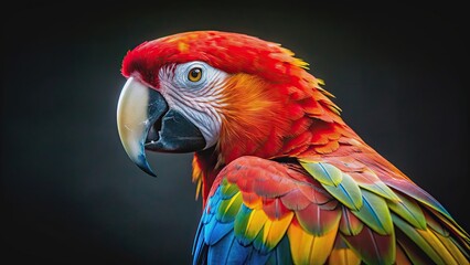 Naklejka premium Close-up of a vibrant tropical macaw in nature, featuring its beautiful feathers against a black background, macaw