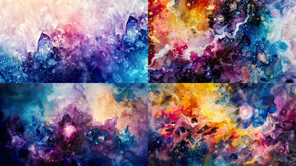 Fototapeta premium Watercolor crystalline texture on celestial themes, cosmic colors, and mystical cosmic scenes 