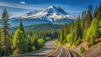 Oregon cascade mountain highway view with winding road, lush forests, and snow-capped peaks, Oregon