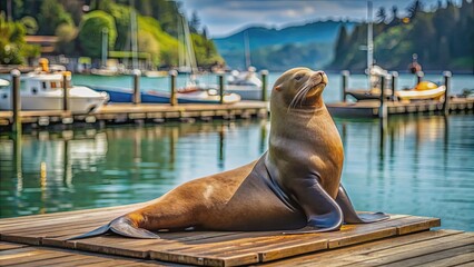 Fototapeta premium Sea Lion lounging on wooden dock in peaceful harbor , sea lion, animal, wildlife, dock, harbor, marine, mammal, relaxation, water