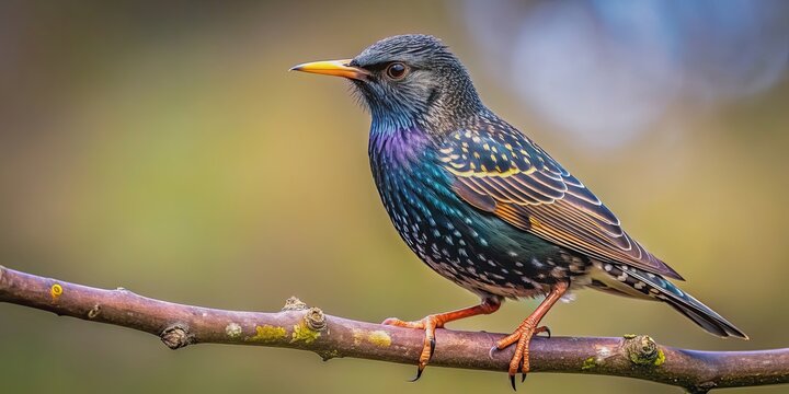 Close-up of a european starling perched on a branch, european starling, bird, wildlife, close-up, feathers, perched, branch - Powered by Adobe