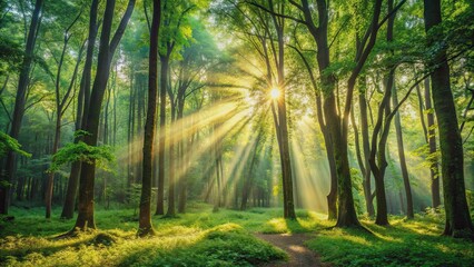 A serene natural background of a lush forest with sunlight filtering through the trees, nature, trees, forest, green