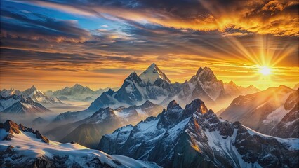 Fototapeta premium Sunrise over majestic mountain peaks , Sunrise, mountains, landscape, nature, dawn, morning, sunlight, snow-capped