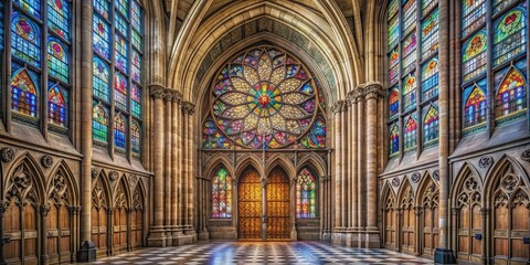 Fototapeta premium Grand cathedral door with towering height and intricate stained glass panels, inspiring awe and reverence, cathedral