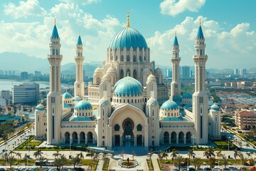 Beautiful mosque in Ramadan Kareem or Eid Al Fitr vibes. Islamic mosque architecture building