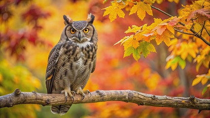 Majestic great horned owl perched on a branch among autumn leaves, owl, bird, wildlife, predator, fall, majestic, nature © Udomner