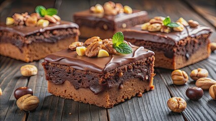 Delicious brownies and chocolate cake topped with nuts and rich chocolate icing, dessert, baked goods, sweet, indulgent, treat