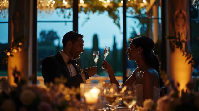 Newlywed couple is enjoying a romantic toast at their wedding reception, with soft lighting and a beautiful evening ambiance