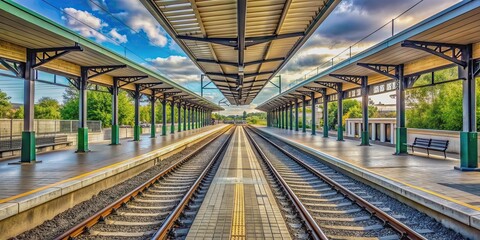 Obraz premium Empty train station with tracks , abandoned, desolate, platform, railway, transportation, travel, destination