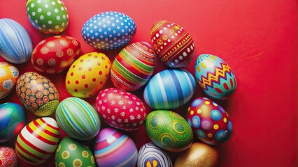 Fototapeta premium Colorful easter eggs isolated on red background for festive celebration, Easter, eggs, colorful, red